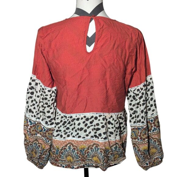 THML S Mixed Print Tunic Blouse - Boho Rust Animal Print Floral Long Sleeve - Picture 5 of 5